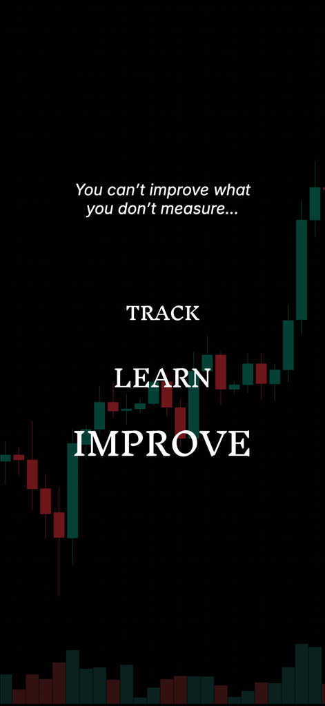 TrackIt trading journal app intro screen featuring a candlestick chart and text that reads Track Learn Improve