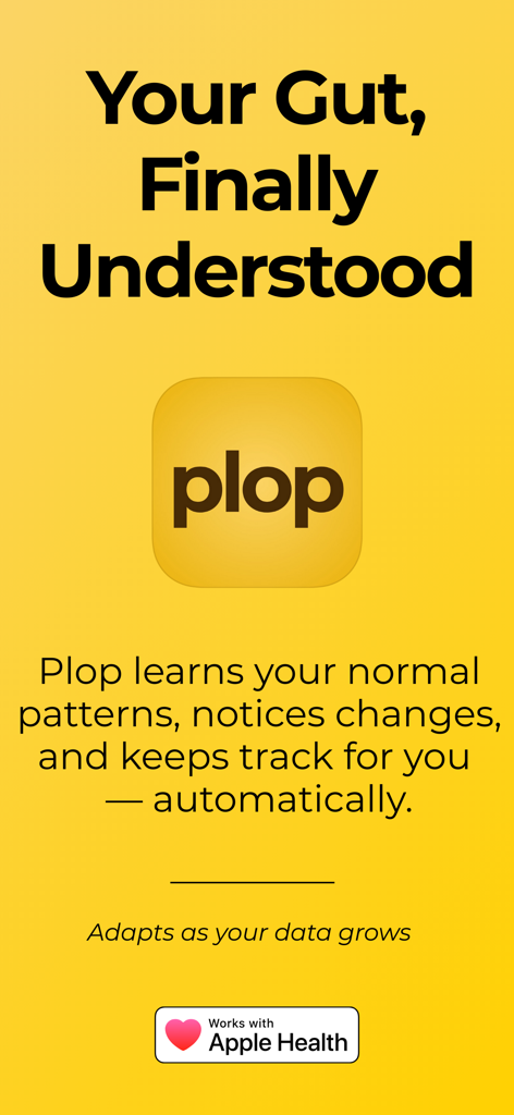 Captura de pantalla de la app Plop con fondo amarillo titulada Tu Intestino Finalmente Entendido, con integración de Apple Health