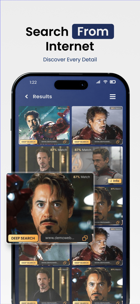 Face Search AIアプリのインターフェース。一致率とソースリンクを含む顔認識検索結果を表示しています。