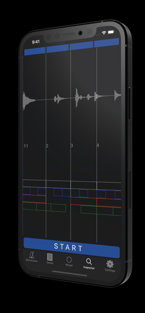 Metronomics Metronome - iPhone displaying the Metronomics Metronome app Inspector mode with an audio waveform and rhythmic grid analysis.