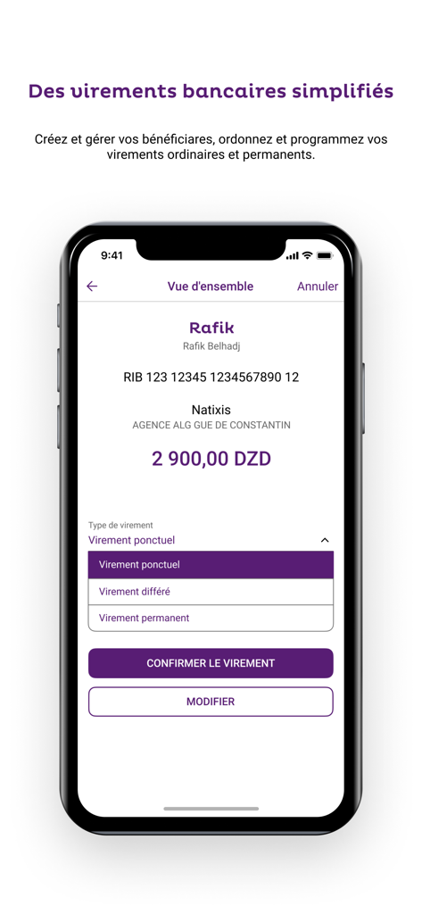 Banxy mobile app interface showing a simplified bank transfer screen in Algerian Dinars