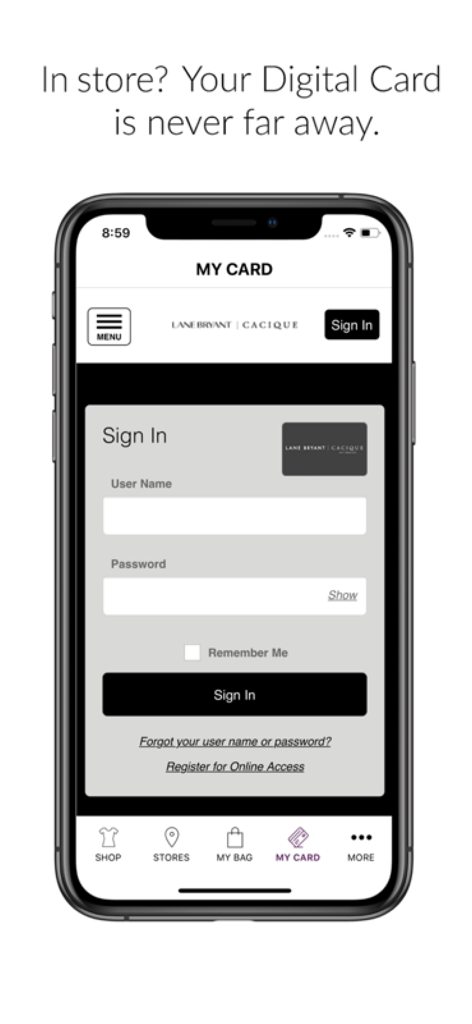 Lane Rewards by Lane Bryant - Sign in screen for the Lane Rewards digital card on a mobile phone