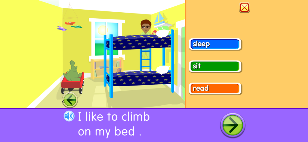 A child character in a bedroom with a bunk bed and a sentence for early reading practice