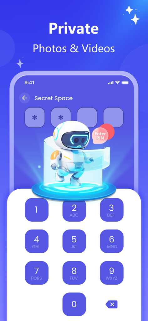 Pure Cleaner app Secret Space PIN entry screen for securing private photos and videos