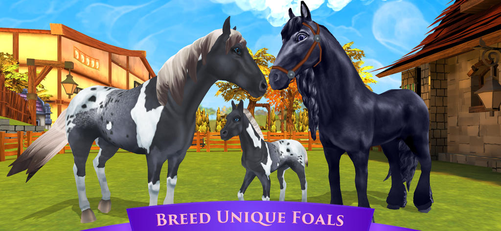 Two adult horses and a small foal standing in a farm yard under a blue sky in Horse Riding Tales