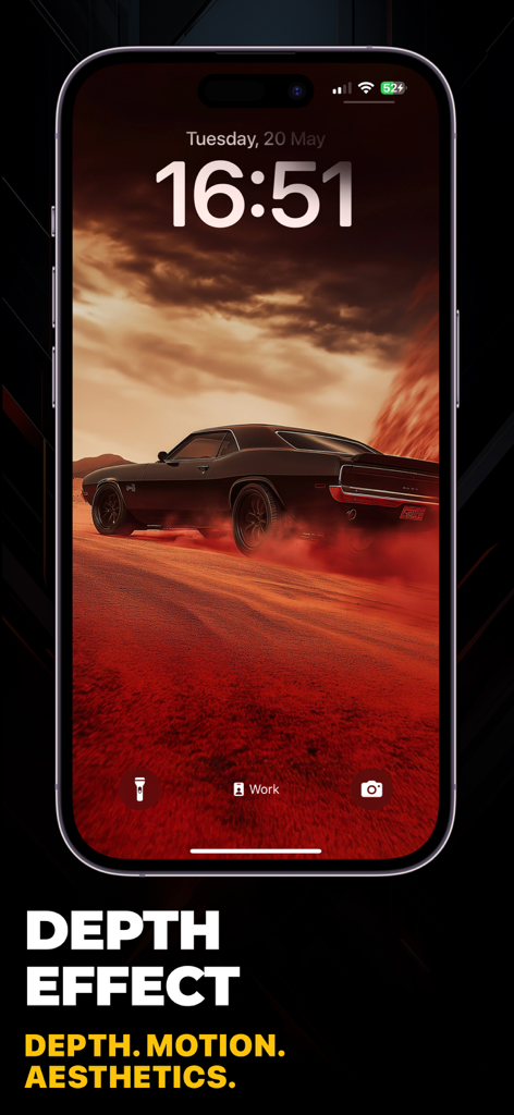 Cone AI Wallpapers 4K & 6К HD - Pantalla de bloqueo de iPhone con efecto de profundidad que muestra un coche americano generado por IA en polvo rojo