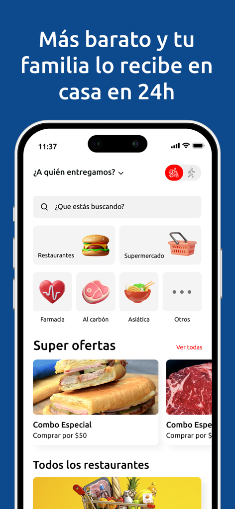 Interfaz de la aplicación Recargas aCuba que muestra opciones de entrega de alimentos y comestibles para la familia en Cuba