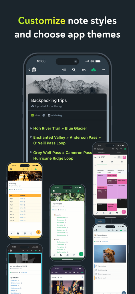 Amplenote - Showcase of Amplenote note styles and app themes across multiple mobile screens