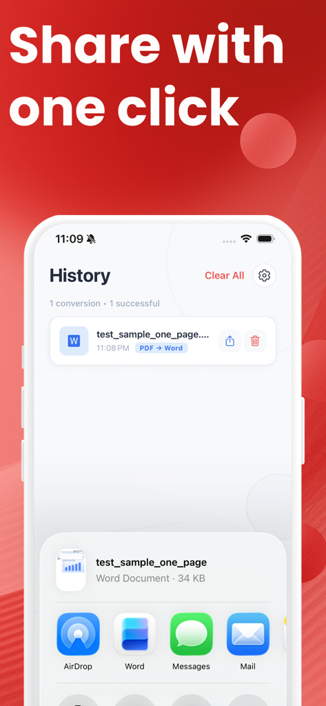 PDF to Word Converter & Docx - Mobile app interface showing conversion history and one click share options for a docx file