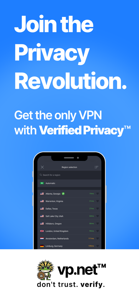 Interfaz de la aplicación VP.NET VPN que muestra una lista de regiones de servidores globales en un smartphone.
