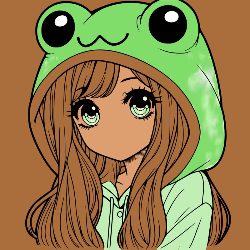 a pretty girl wearing a frog hoodie portrait with long hair