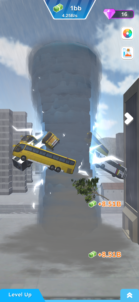 A massive whirlwind destroying a city and lifting school buses in Whirlwind Evolution gameplay.