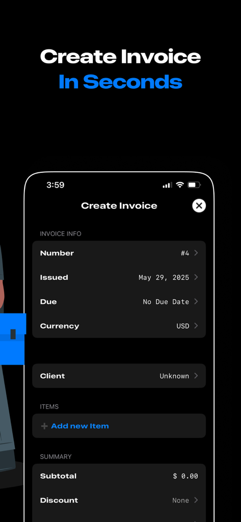 송장 번호, 날짜, 고객 및 항목 필드가 있는 전문적인 송장을 만드는 과정을 보여주는 모바일 앱 화면