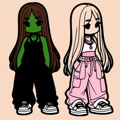 girl in baggy pants crop top and long hair