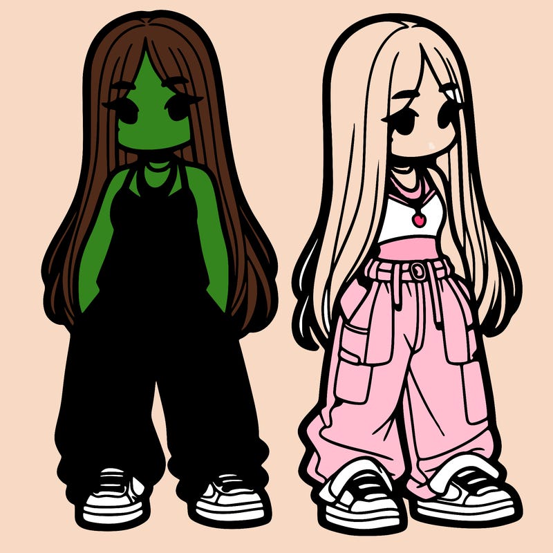 girl in baggy pants crop top and long hair