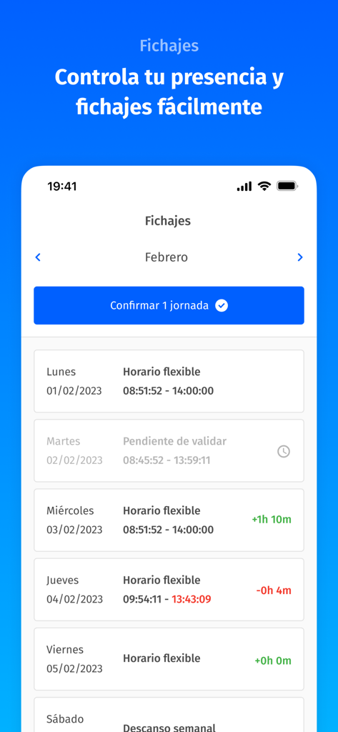 Woffu - Time management - Pantalla móvil de la aplicación Woffu que muestra una lista de registros diarios de asistencia de empleados e historial de fichajes