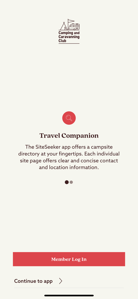 SiteSeeker - SiteSeekerアプリのウェルカム画面。トラベルコンパニオンキャンプ場ディレクトリの紹介。