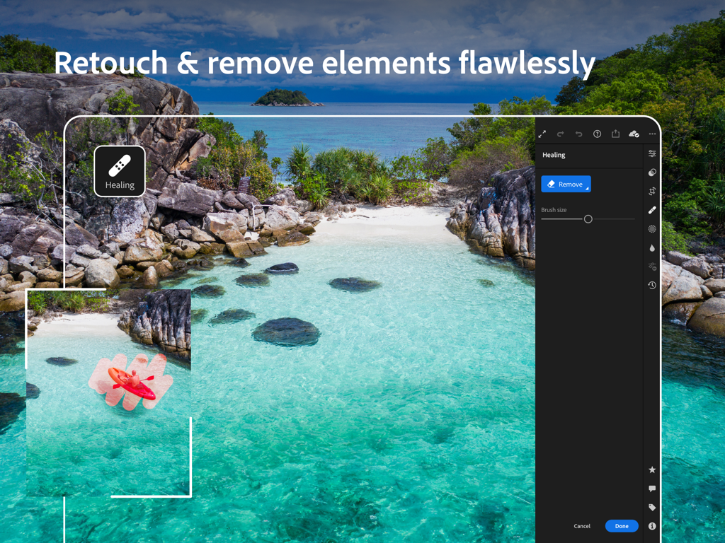 Démonstration de l'outil de retouche d'Adobe Lightroom pour iPad utilisé pour supprimer un kayak rouge d'une photo d'eau de plage bleue limpide.