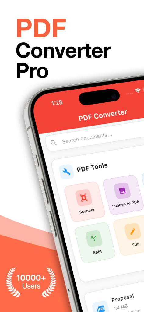 Image to PDF Converter img2pdf - The home screen of the PDF Converter Pro mobile app displaying tools for scanning and converting images to PDF