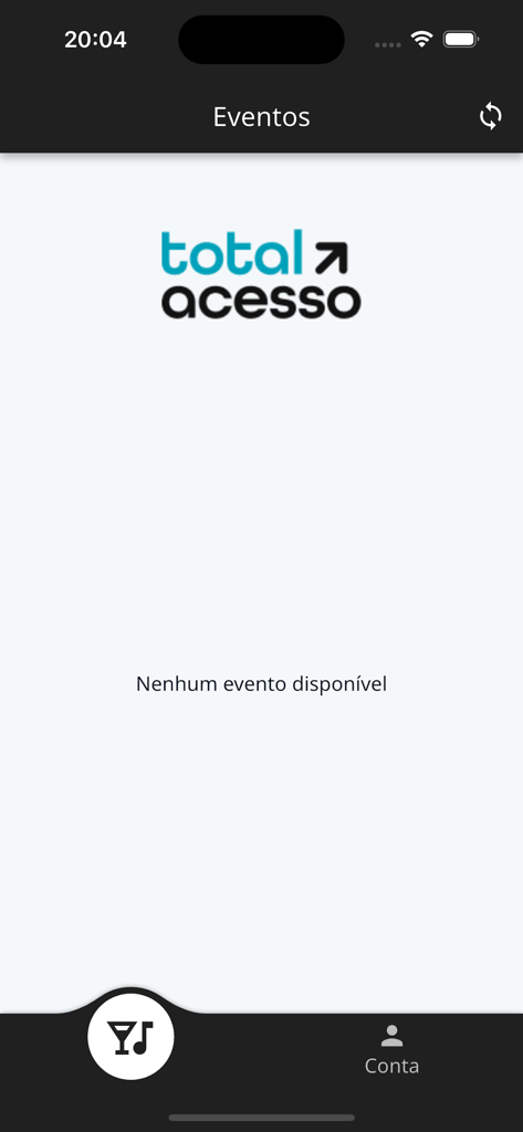 Total Acesso Facial - Pantalla de eventos de la aplicación Total Acesso Facial mostrando que no hay eventos disponibles