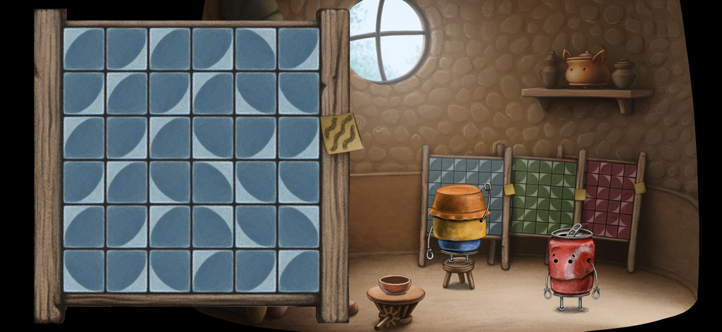 Boxville 2 - Un puzzle logique en grille bleue dans une pièce dessinée à la main avec deux personnages en boîte de Boxville 2.