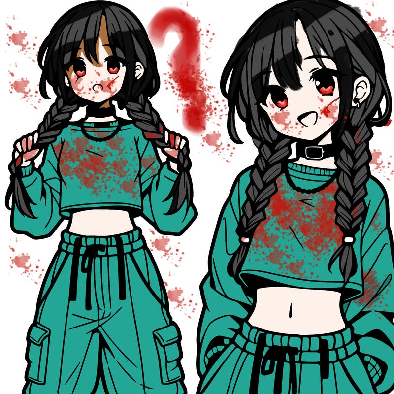 anime girl in braids with a crop top and baggy pants