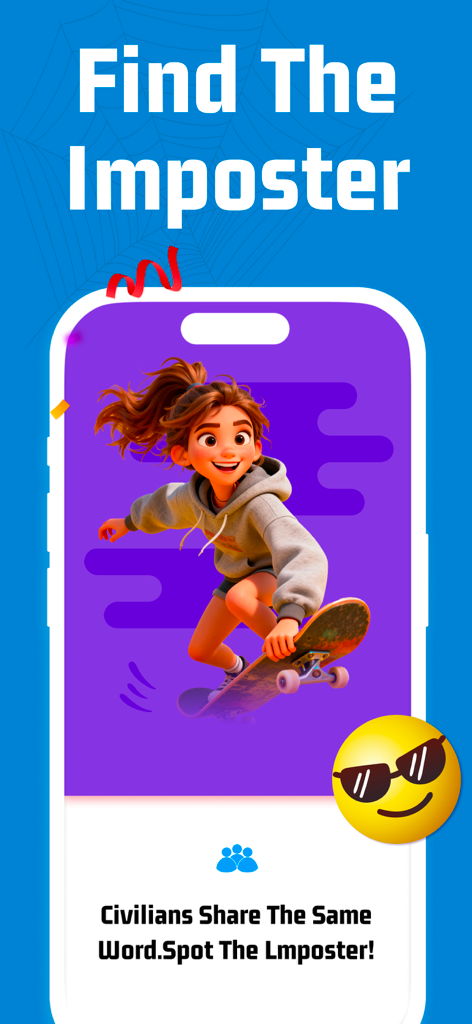 Imposter Spy Game - WhoIsSpy - Una captura de pantalla de la aplicación WhoIsSpy que presenta un personaje animado en 3D en un monopatín con el texto Encuentra al impostor