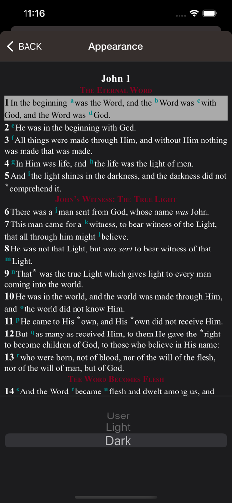 Dark mode reading settings in the Word of Promise Bible app showing John chapter one.