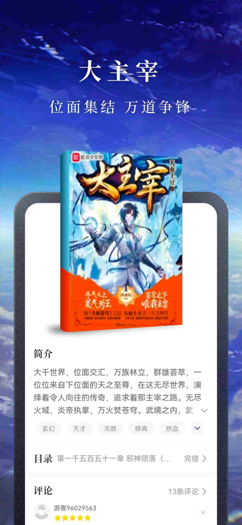 淘小说-看小说大全的电子书阅读神器 - Tao Xiaoshuo app screen showing a Chinese web novel detail page with book cover summary and user tags