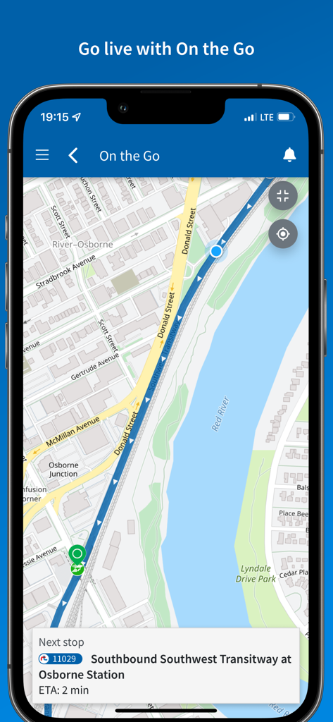 Winnipeg Transit - Winnipeg Transit app showing real-time bus location and arrival time at Osborne Station on a map.