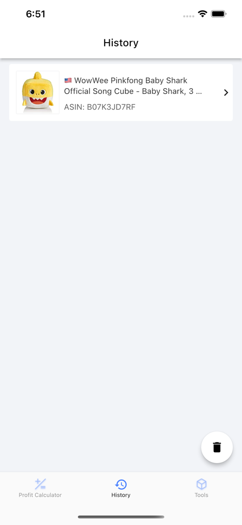 History tab of the FBA Profit Calculator app showing a saved search for a Baby Shark toy product