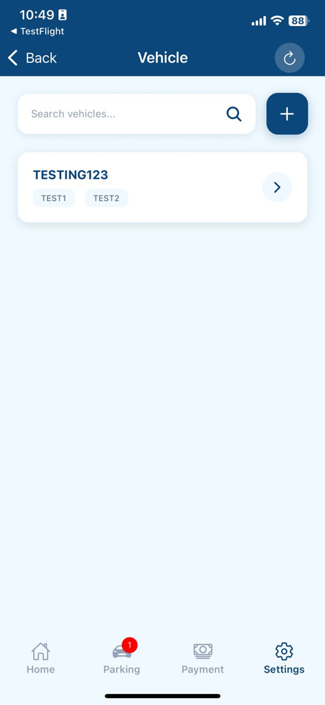 PINTAR Smart Parking App - Vehicle list and management screen in the PINTAR smart parking app