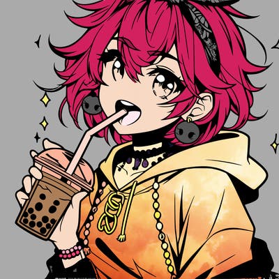 hot baddie anime girl drinking boba and biting the straw
