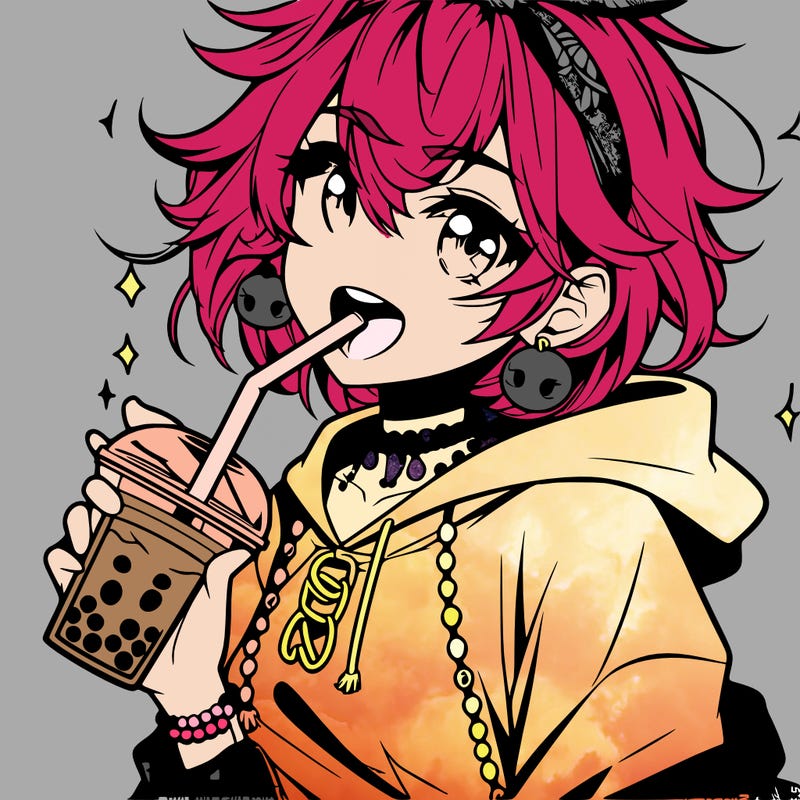 hot baddie anime girl drinking boba and biting the straw