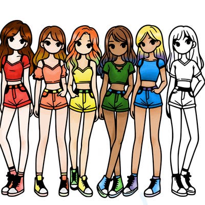 a group of girls wearing crop tops and shorts