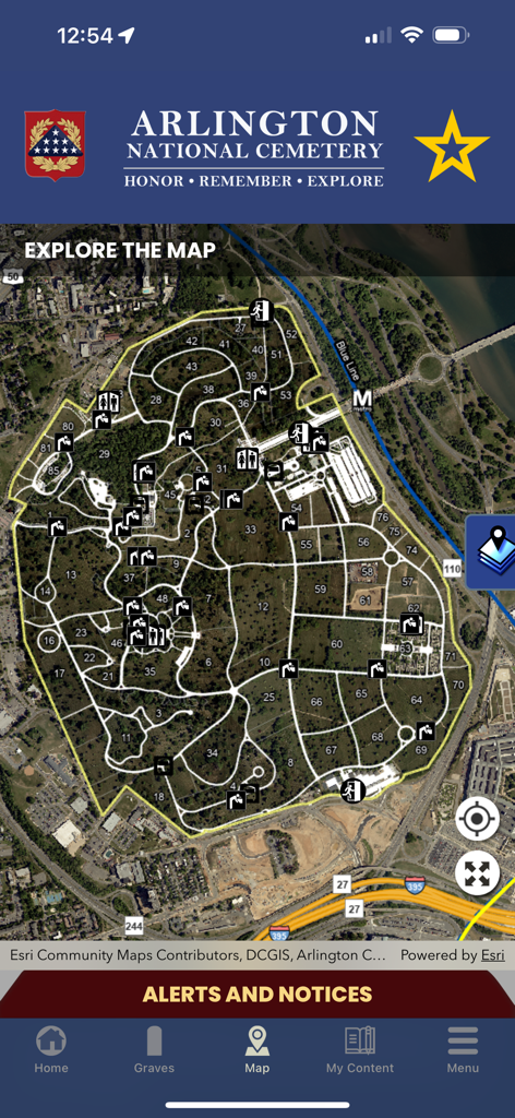 ANC Explorer - Satellite view map of Arlington National Cemetery with section numbers in the ANC Explorer mobile app