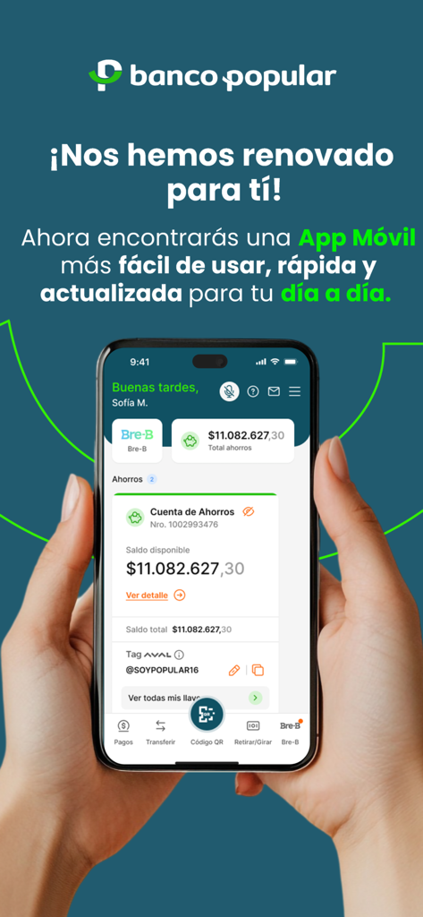 Interfaz de la app móvil de Banco Popular mostrando el saldo de una cuenta de ahorros en un smartphone