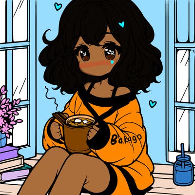 cute anime girl reading book and drinking hot chocolate from mug with loose wavy hair wearing a baggy sweatshirt and shorts sitting by windowsill looking out