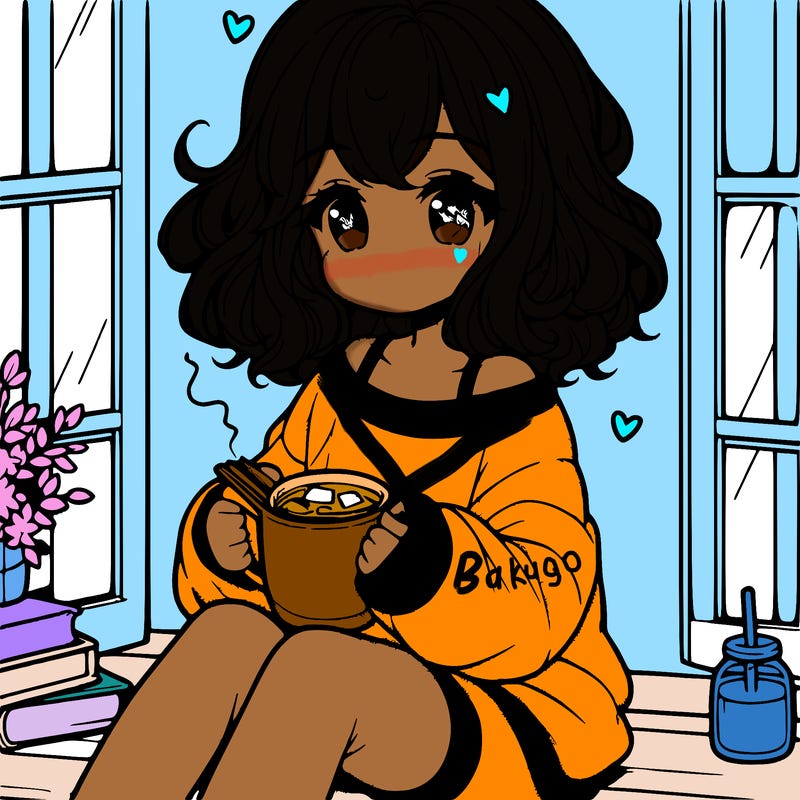 cute anime girl reading book and drinking hot chocolate from mug with loose wavy hair wearing a baggy sweatshirt and shorts sitting by windowsill looking out