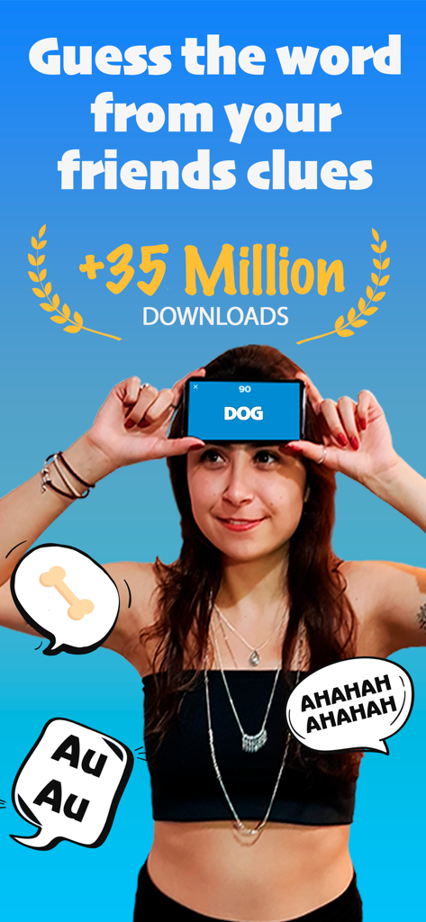 Charades & Headbands Game - A woman playing a charades party game by holding a smartphone to her forehead while friends give clues