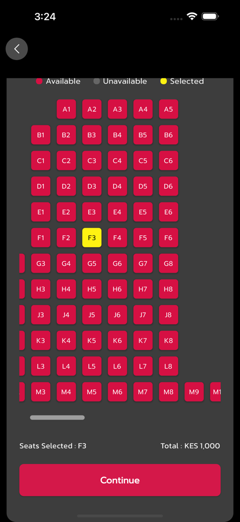 Century Cinemax - Mapa interativo de assentos de cinema para Century Cinemax com um assento selecionado e o preço total em KES.