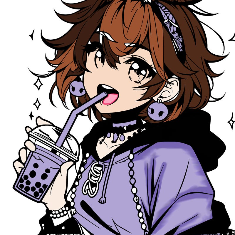hot baddie anime girl drinking boba and biting the straw