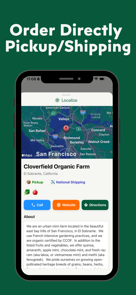 Localize - Farmers Market - Écran de l'application Localize montrant un profil de ferme avec une carte de San Francisco et des options de ramassage local ou d'expédition nationale