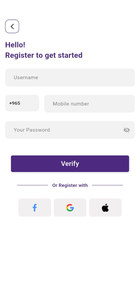 فكر فيها (Faker Feha) - Schermata di registrazione dell'app mobile per Faker Feha che mostra campi di input per nome utente, telefono e password, oltre a pulsanti di accesso social.
