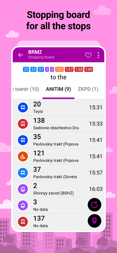 Bustime: Transport online - Bustime app interface showing real-time public transport arrival times for various routes at a stop.