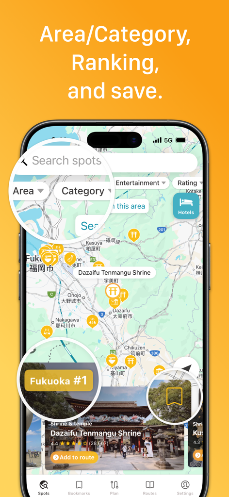 Plaru Japan – Travel with AI - Plaru Japanアプリのマップが表示されたスマートフォンの画面。旅行スポットのカテゴリとランキングが含まれています。