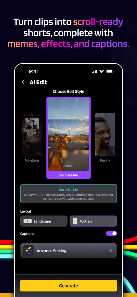 Eklipseアプリの画面。MontageやFunnyなどのスタイルオプションでAI動画編集を行い、ソーシャルメディアショートを制作