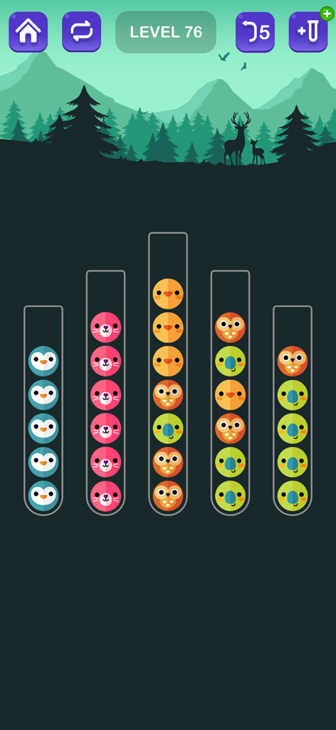 Mobile puzzle game screenshot showing level 76 of Ball Sort with animal face balls in tubes of different sizes against a mountain background