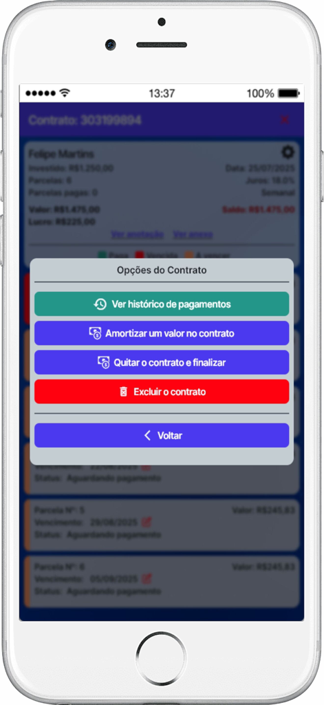 CredForte - Aplicación móvil CredForte que muestra un menú de opciones de contrato con funciones de historial de pagos y liquidación.