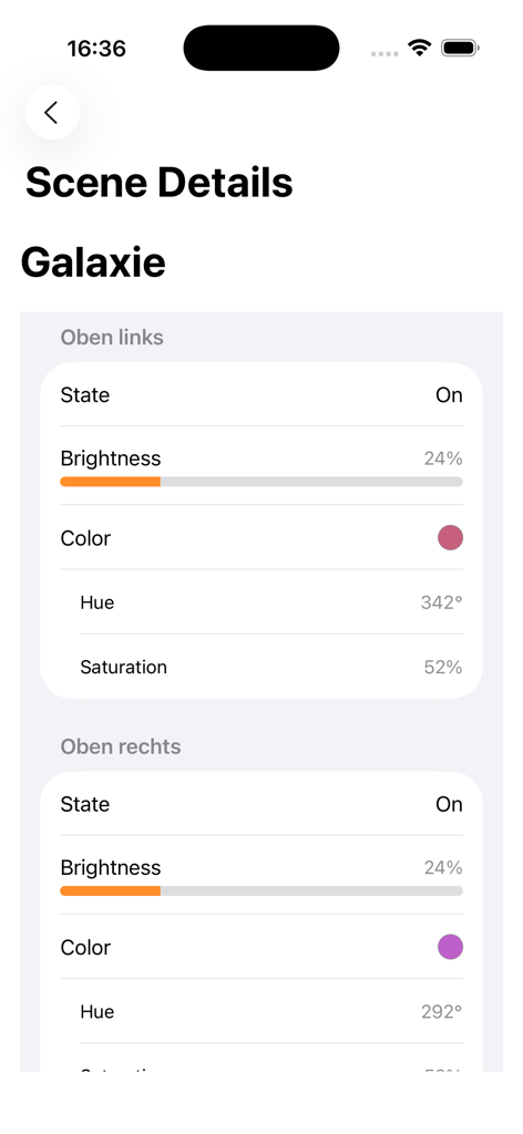App interface showing detailed lighting settings for a Philips Hue scene including brightness and color